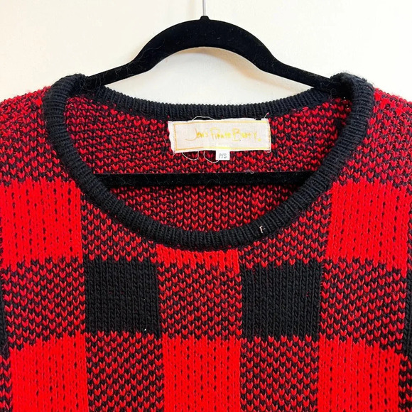 Jen's Pirate Booty Plaid Red Scoop Neck Holiday Balloon Sleeve Bohemian Sweater - Picture 4 of 8